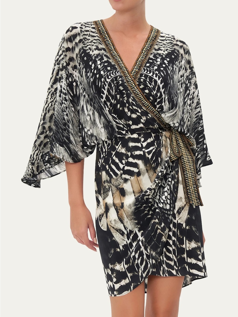 CAMILLA Draped Front-Wrap Mini Dress in the Night Owl print | Size Small
